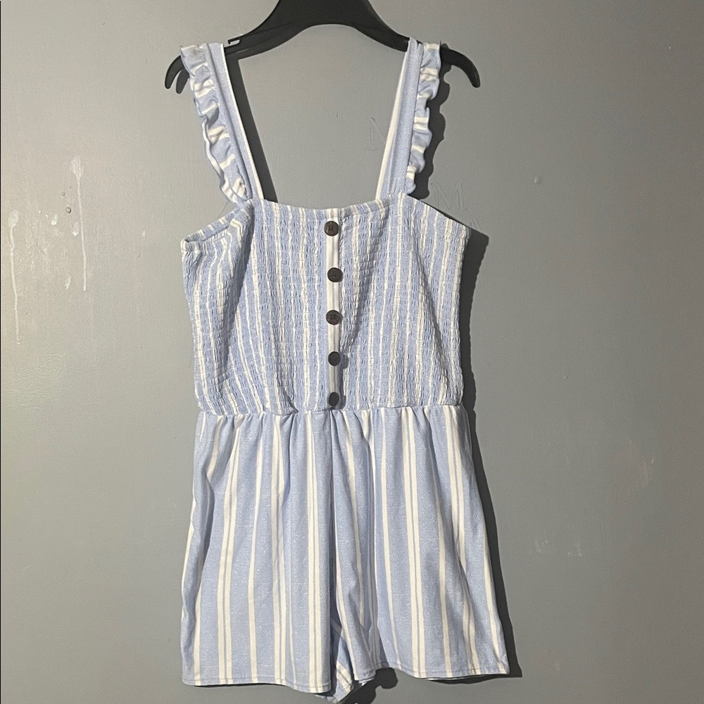 3/$15. No Boundaries Light Blue and White Striped Kids Romper